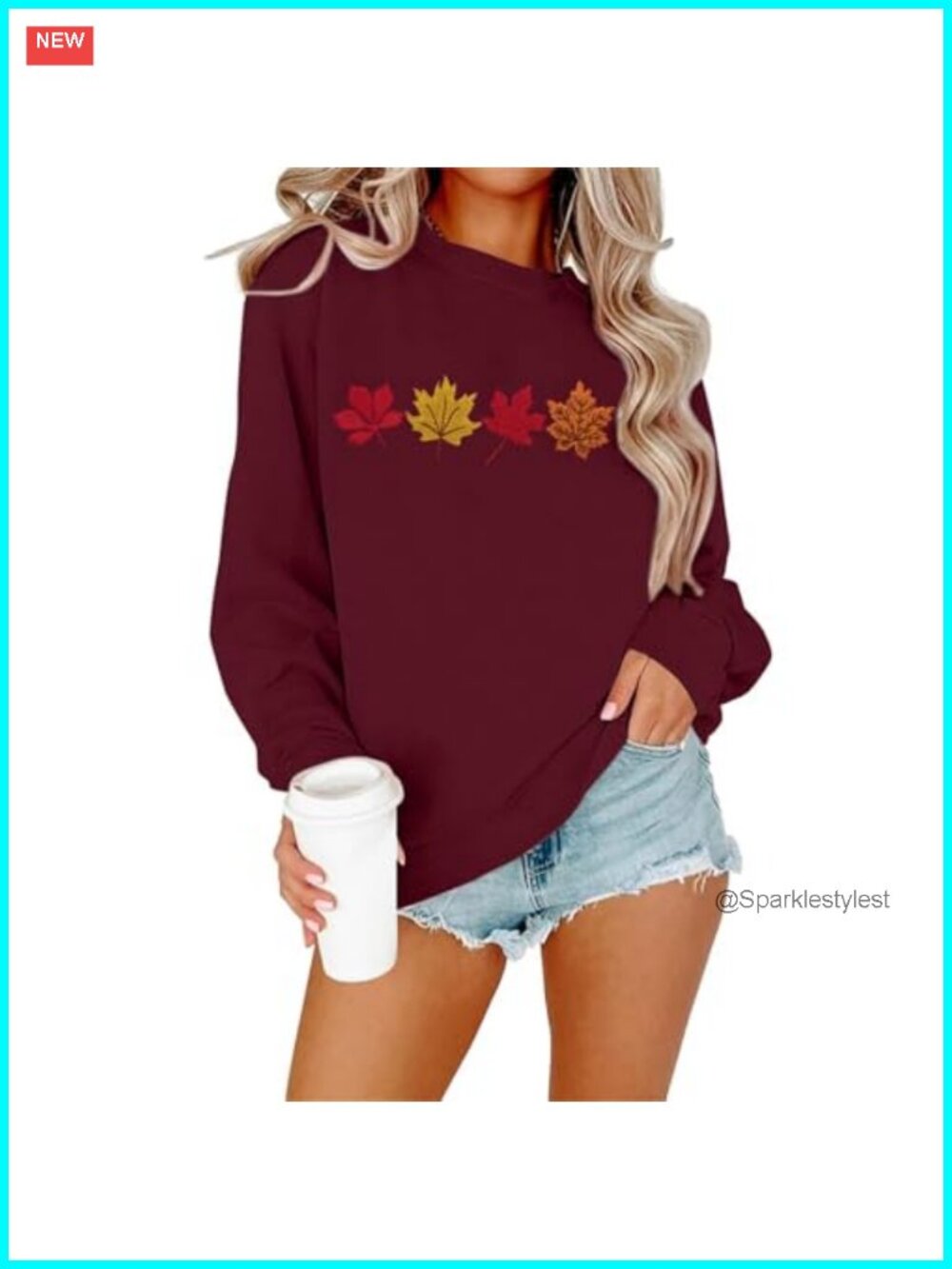 Womens Embroidered Maple Leaf Crewneck Sweatshirt Casual Long Sleeve Pullover